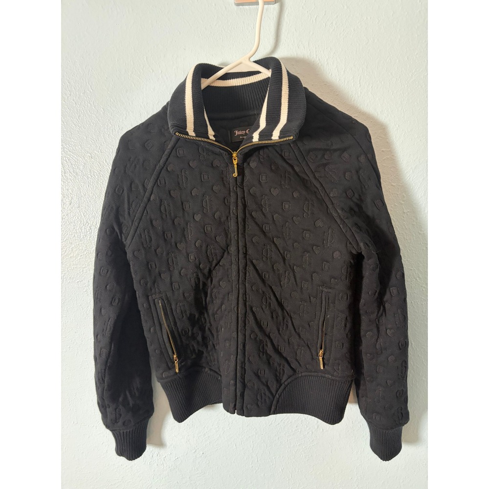 Juicy Couture Black Quilted Embossed Logo Heart Zip Up Track Jacket Small Y2K